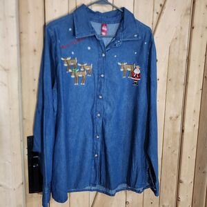 White Pine Women XL Denim Christmas Shirt Santa Reindeer Embroidered Blue Cotton
